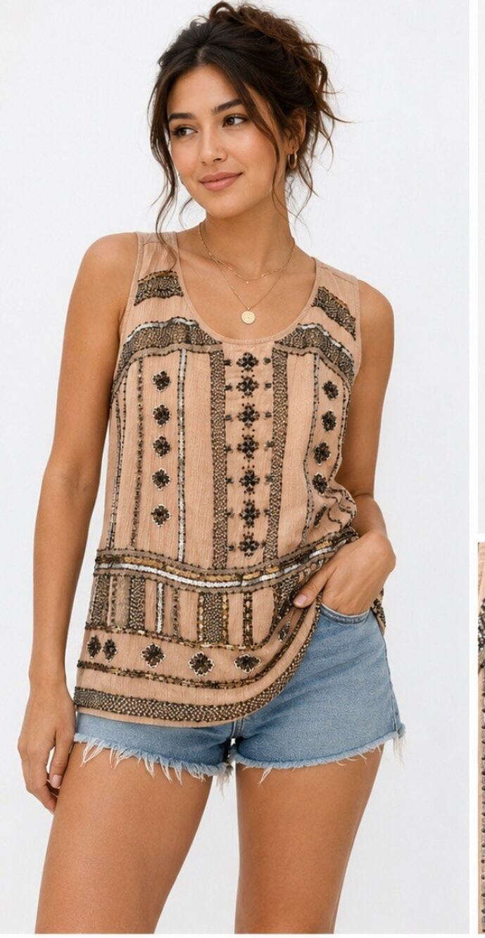 Lucky Brand Beaded Tan Embellished Sleeveless Blouse